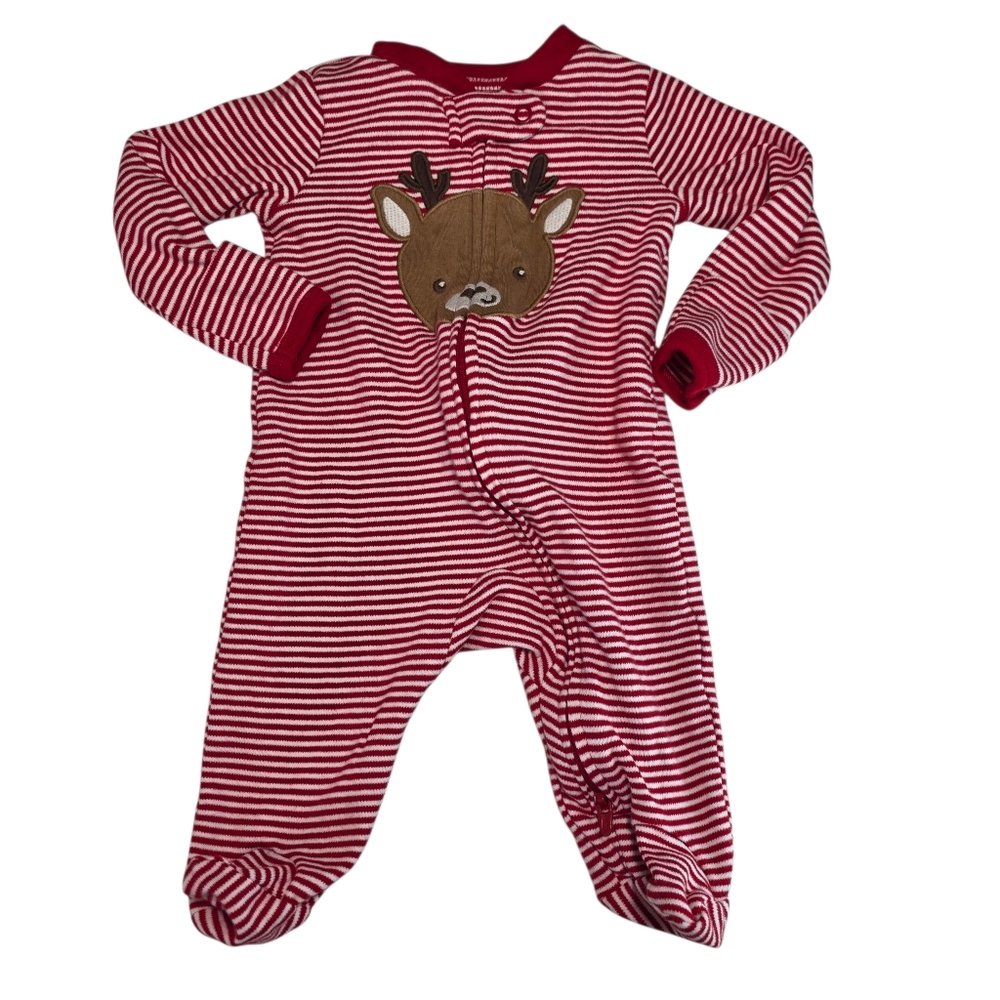 Carter's Striped Red White Brown Reindeer One Piece Christmas Sleeper 3 Mo EUC